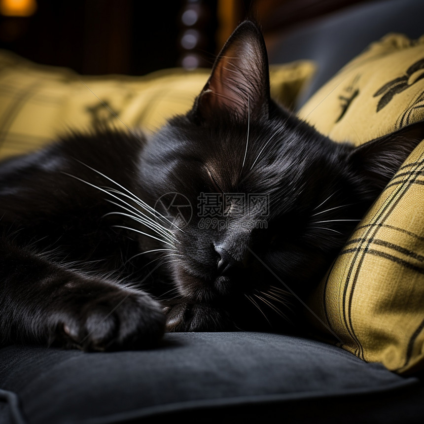 睡在沙发上的黑猫图片