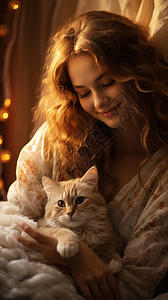 猫肖像女孩和猫的温暖场景背景