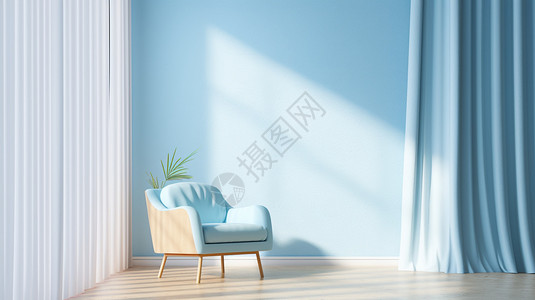 蓝色椅子浅蓝色墙壁和白色窗帘设计图片