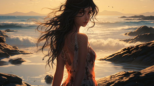 夕阳海滩上的美女图片
