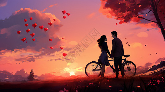 自行车夕阳情侣在自行车前插画