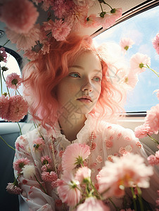 女孩的鲜花汽车旅程背景图片