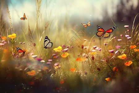 一群飞舞蝴蝶户外草地的蝴蝶插画