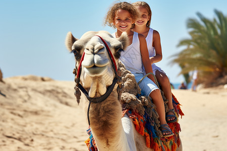 两个女孩骑着骆驼背景图片