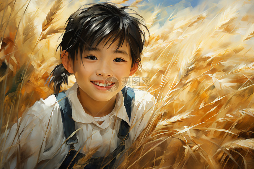 稻田里开朗的女孩图片
