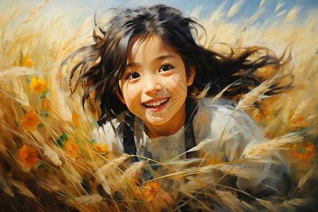 稻田里开心的小女孩图片