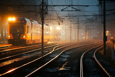 夜晚铁轨上行驶的火车图片
