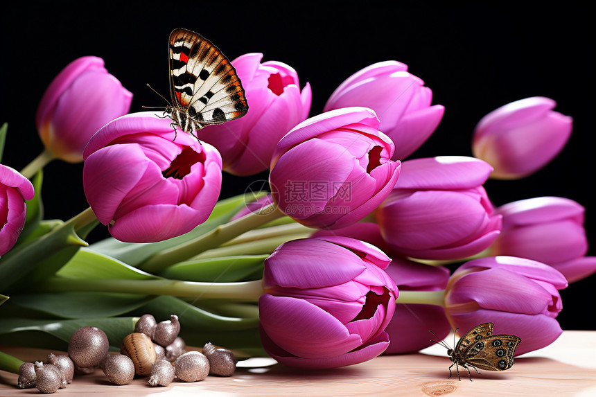 美丽的郁金香花朵和蝴蝶图片