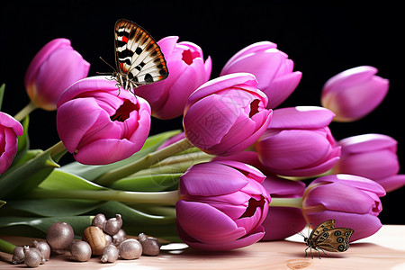 美丽的郁金香花朵和蝴蝶背景图片