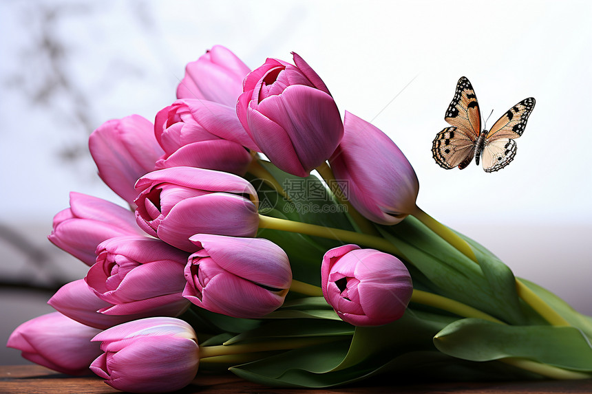 郁金香花束和蝴蝶图片