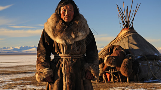 毛领蒙古包前的男人背景