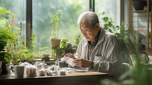 窗台的亚洲老人背景图片