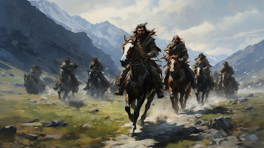 蒙古骑马草原上骑马插画