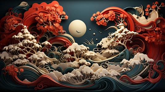 橙色雪梅折扇中国风浪花设计图片