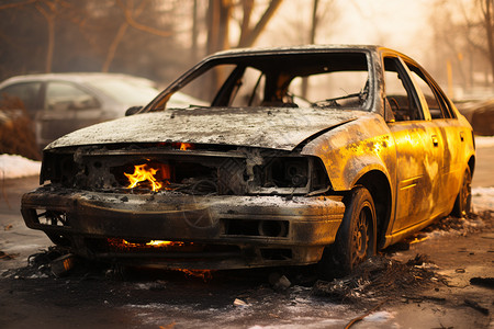 失事的汽车着火的破旧汽车背景