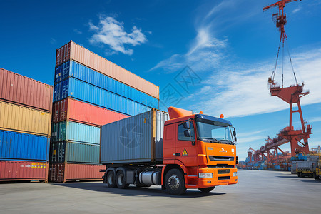 橙色卡车工业运输码头背景