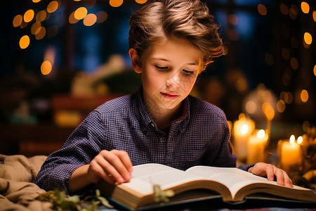 夜光中看书的小男孩图片