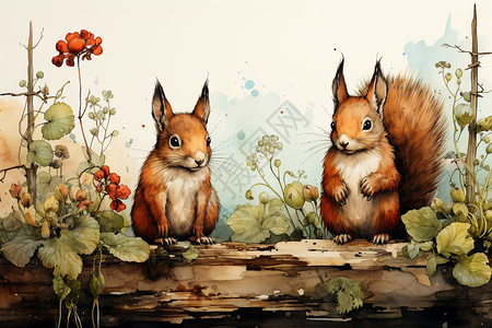 三只松鼠可爱的小松鼠插画