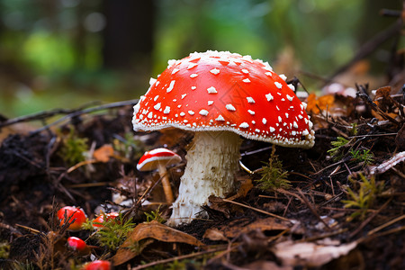 森林里生长的红蘑菇背景图片