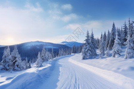 冬天山脉雪地与阳光图片