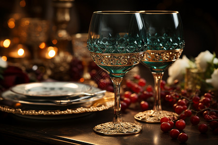 豪华的餐桌两只红酒杯图片