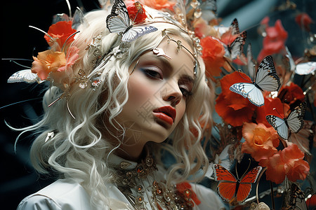 2个蝴蝶素材梦幻的白发女孩脸上有许多蝴蝶背景