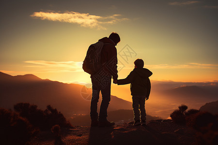 一起看日落一起登山的父子背景