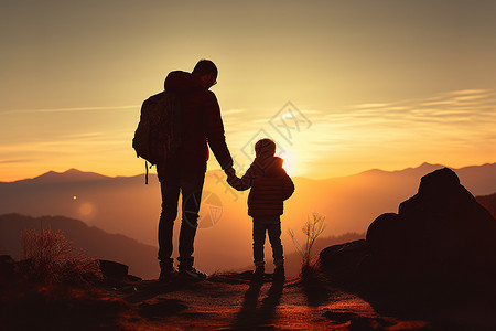 带太阳的分割线父亲带着儿子爬山背景