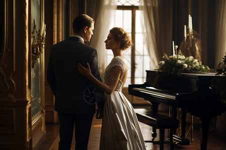 钢琴客厅一对优雅的夫妻背景