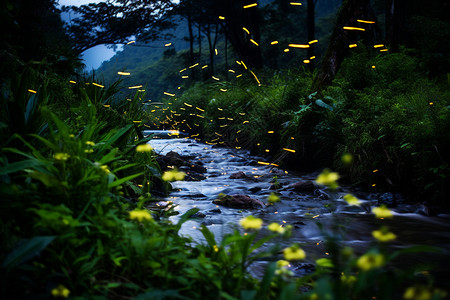 萤火虫森林树木和溪流背景