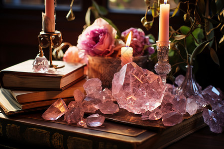 粉红色钻石桌上的粉红色水晶背景