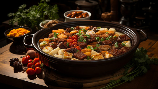 牛排蔬菜锅肉炖豆腐背景