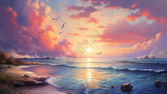 深圳玫瑰海岸粉红色的日落插画