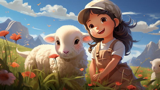 卡通女孩和羊小姑娘和羊插画