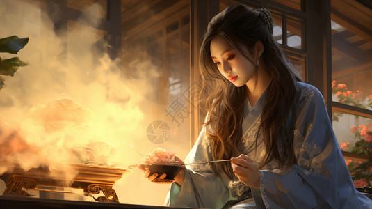 香檀古风素材古代女子在焚香插画