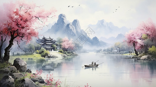 桃花源风景桃花源水墨画插画