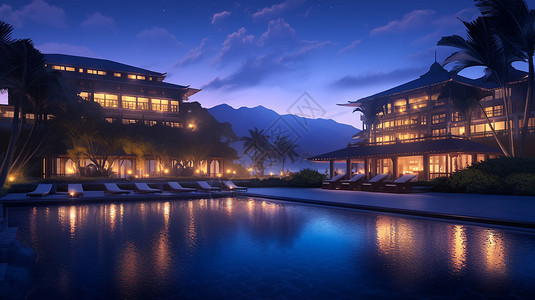 云南山脉深处豪华酒店夜景背景图片