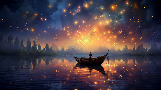 星火下的渔船背景图片