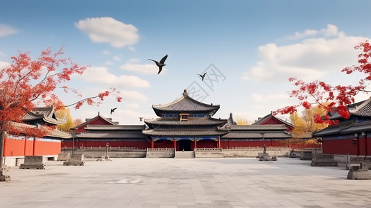 中式宫殿红枫广场高清图片