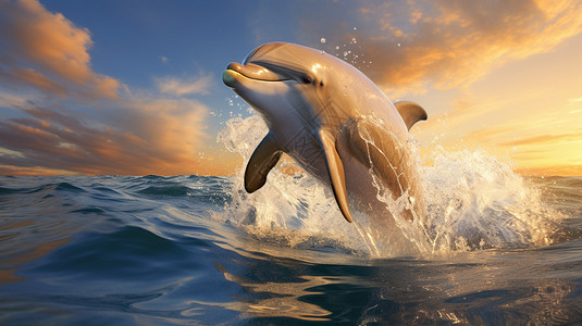 自由跳跃跃出水面的海豚插画
