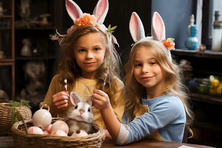 拉着彩蛋的兔子女孩带着兔子头箍背景
