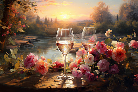 玫瑰葡萄酒柔和环境中的玻璃杯插画
