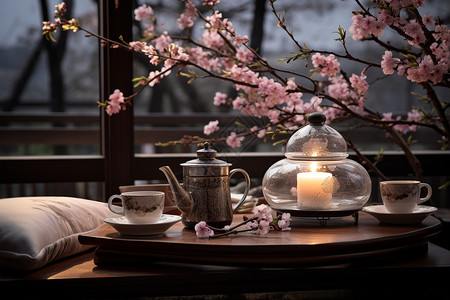 精美茶壶寂静夜晚的茶桌背景