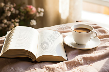 摊开的书桌子上摊开书本和咖啡背景