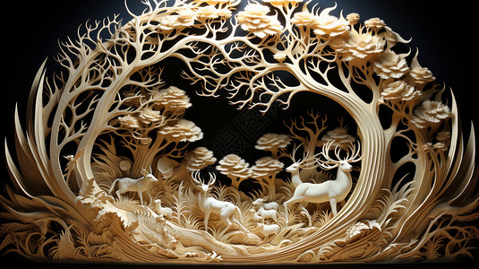 核雕工艺纸雕的森林插画
