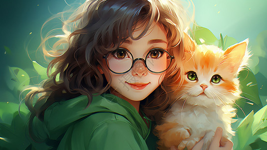 戴眼镜的女孩抱着小猫背景图片