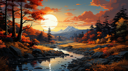 红叶海报满月下的森林溪流插画