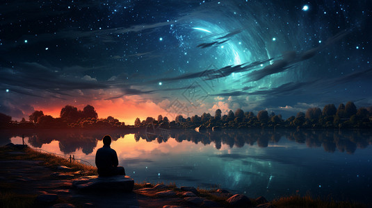坐在湖边仰望星空的人图片