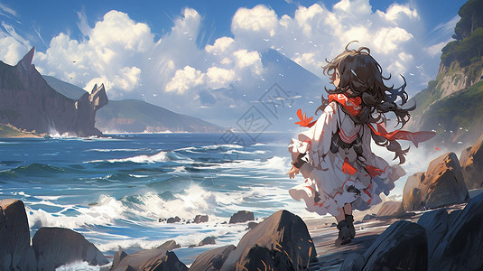 小女孩站在悬崖上背景图片