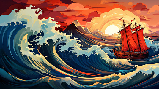 船舶在风浪中航行插画图片